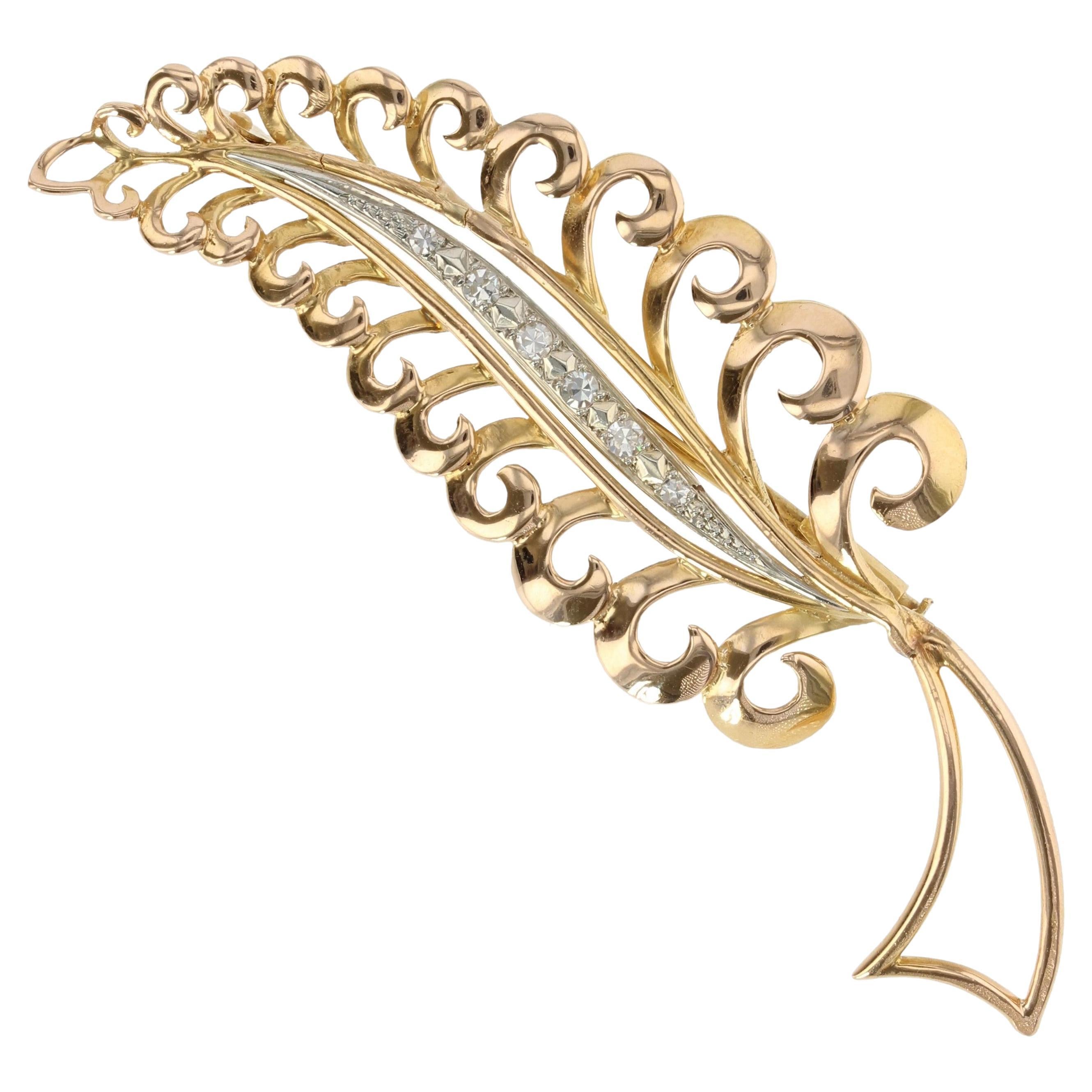 French 1960s Diamonds 18 Karat Yellow White Gold Leaf Brooch For Sale