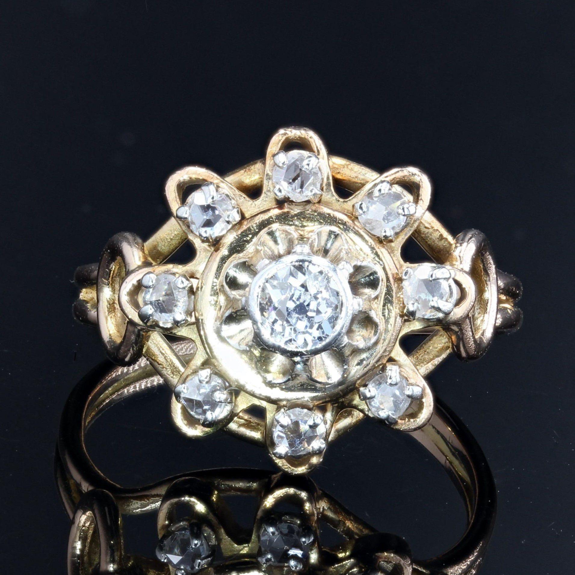 Französischer Retro-Ring, 1960er Jahre, Diamanten, 18 Karat Gelbgold (Brillantschliff) im Angebot
