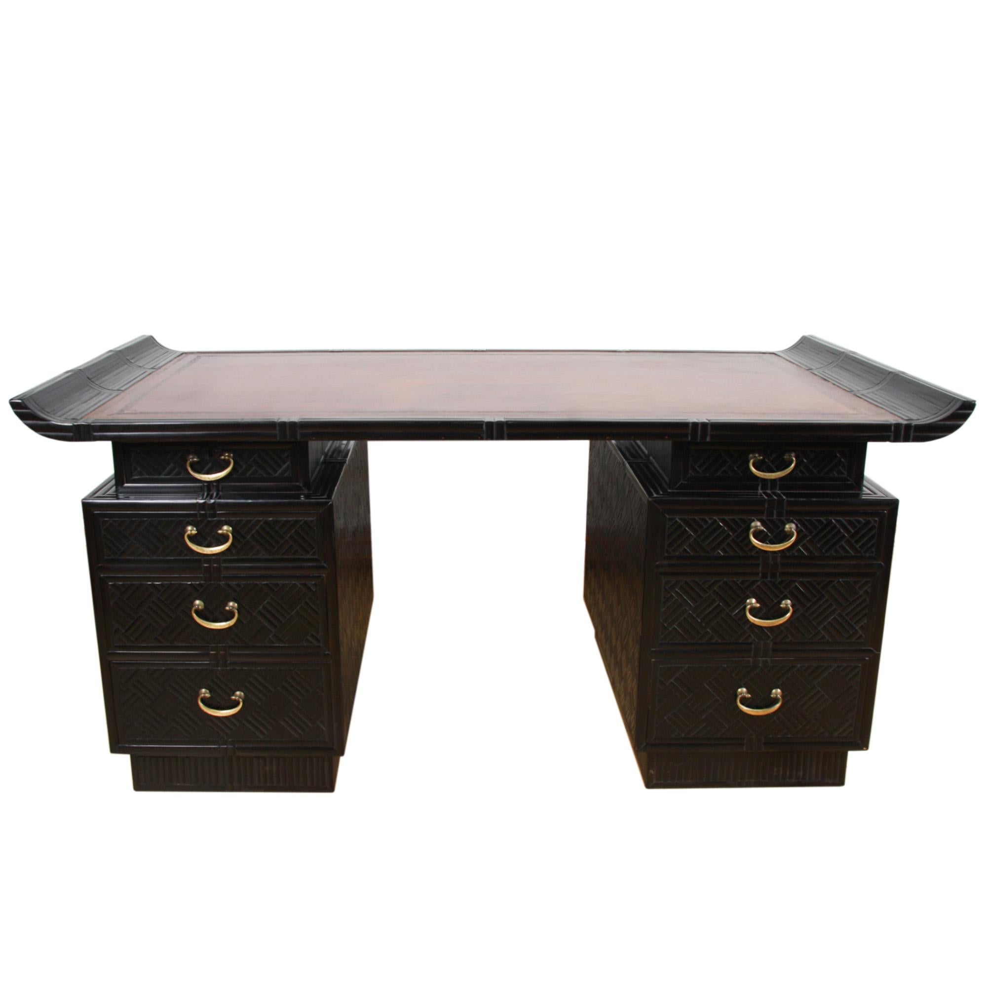 Chinese Export French 1960s Ebonised Bamboo Desk With Leather Top