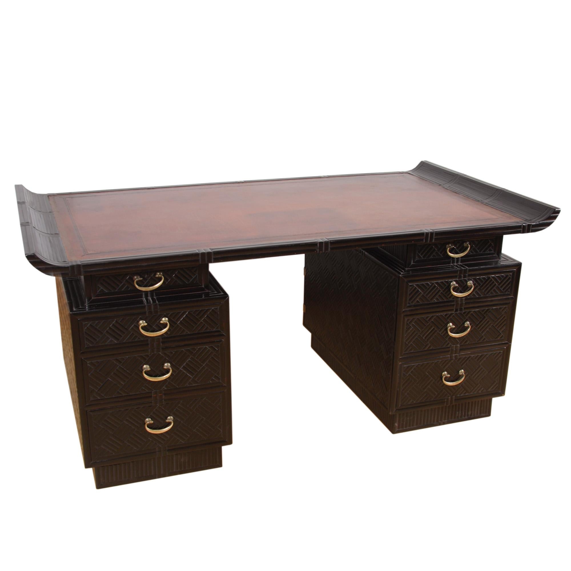 Ebonized French 1960s Ebonised Bamboo Desk With Leather Top