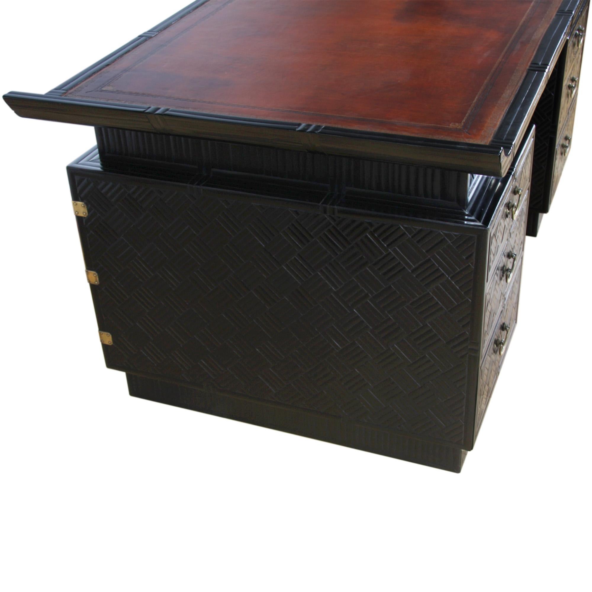 Mid-20th Century French 1960s Ebonised Bamboo Desk With Leather Top