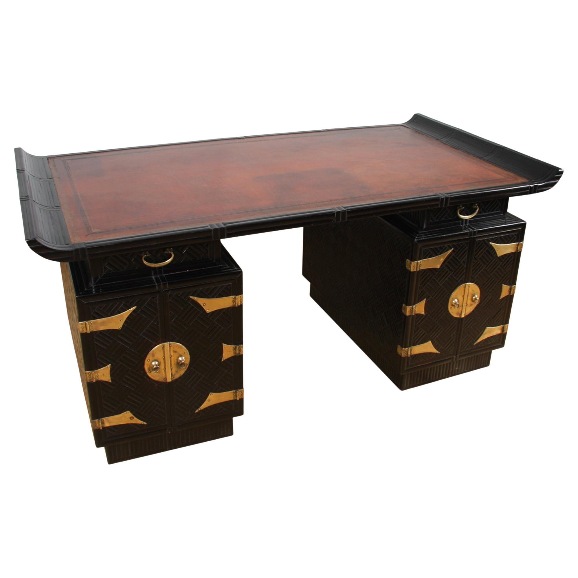 French 1960s Ebonised Bamboo Desk With Leather Top
