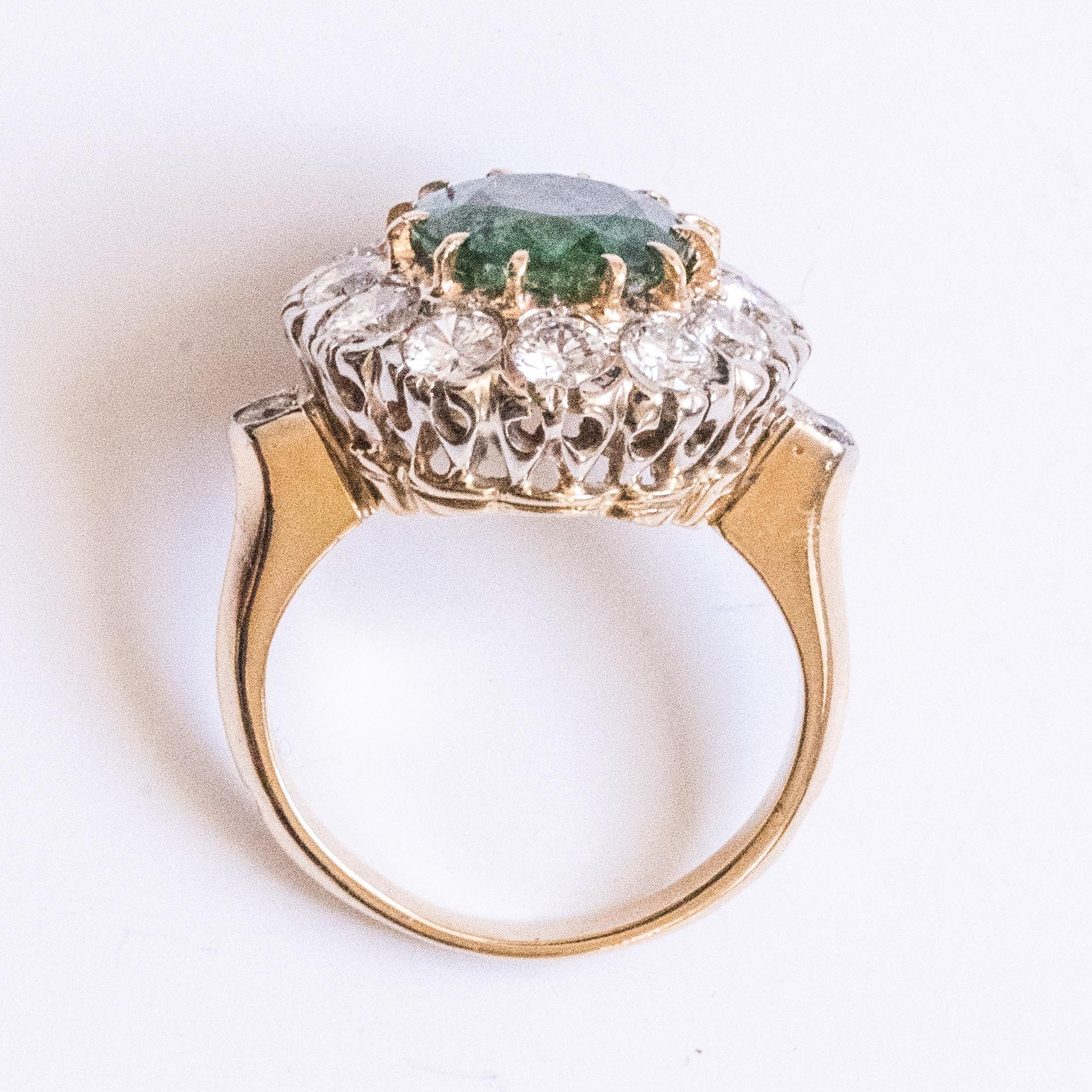 French 1960s Emerald Diamonds 18 Karat Yellow White Gold Daisy Ring 8