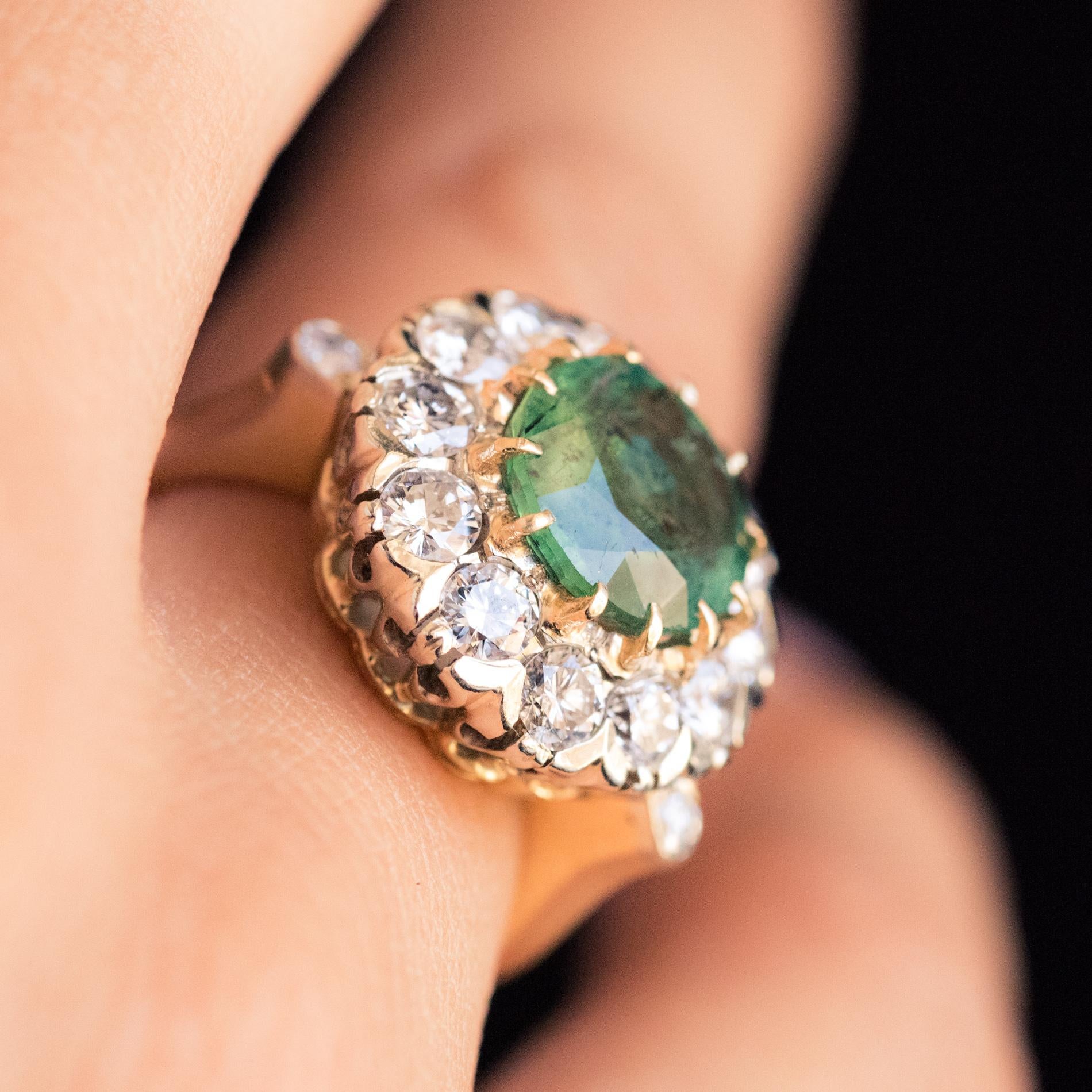 French 1960s Emerald Diamonds 18 Karat Yellow White Gold Daisy Ring 1