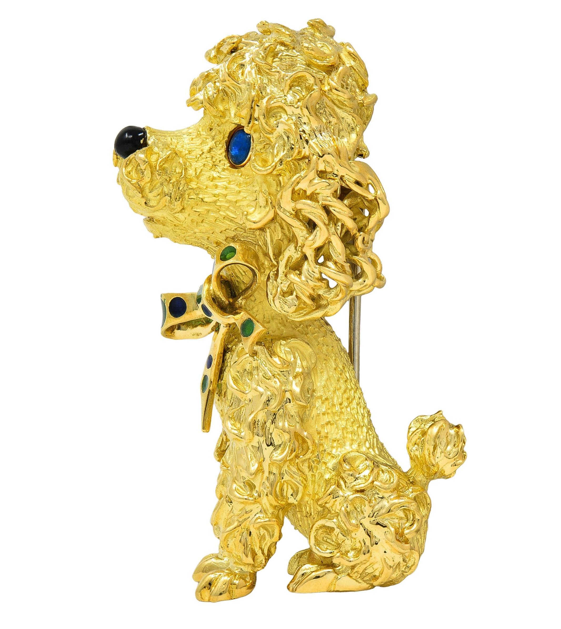 French 1960's Enamel 18 Karat Yellow Gold Vintage Poodle Dog Brooch In Excellent Condition For Sale In Philadelphia, PA