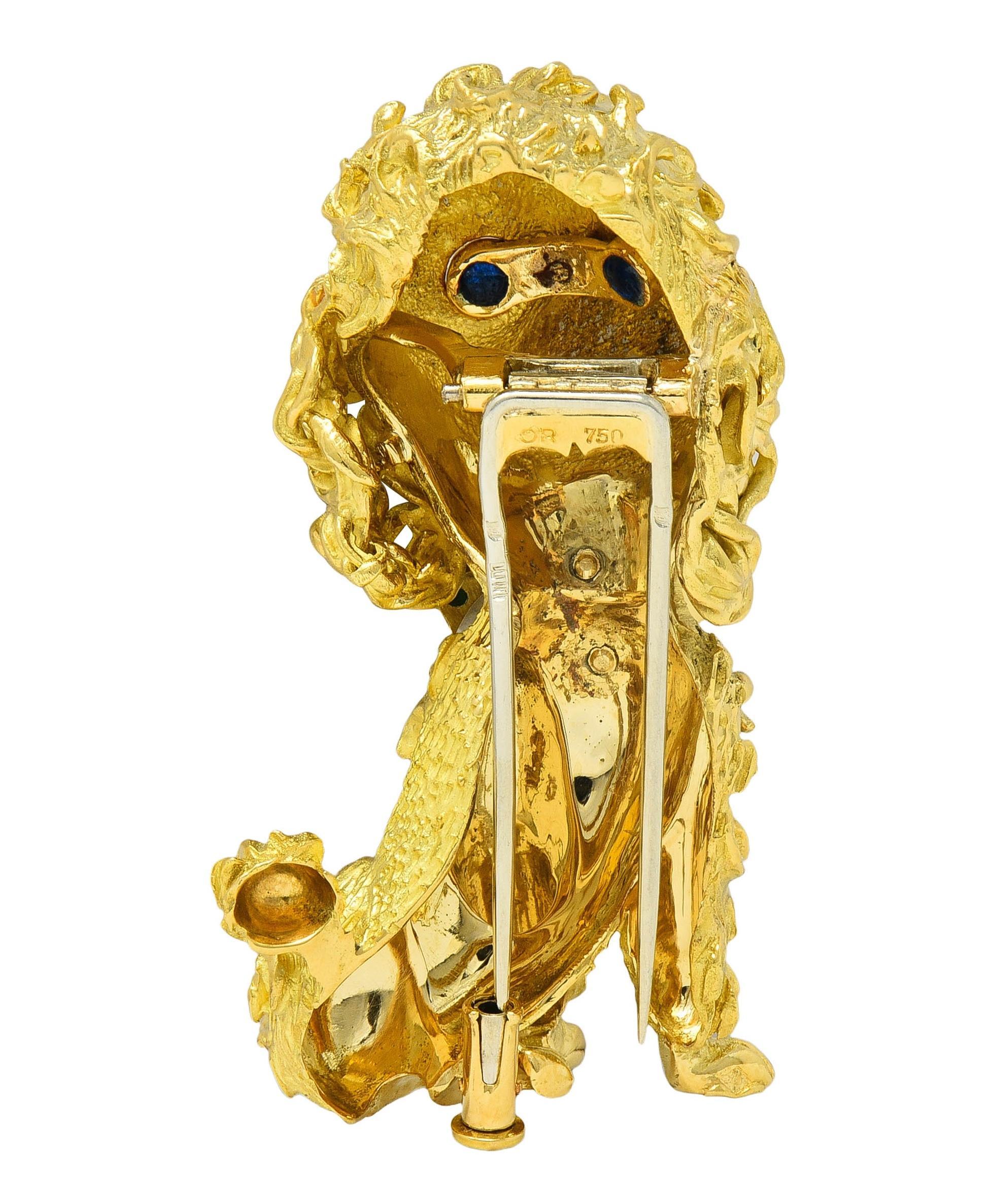 Women's or Men's French 1960's Enamel 18 Karat Yellow Gold Vintage Poodle Dog Brooch For Sale