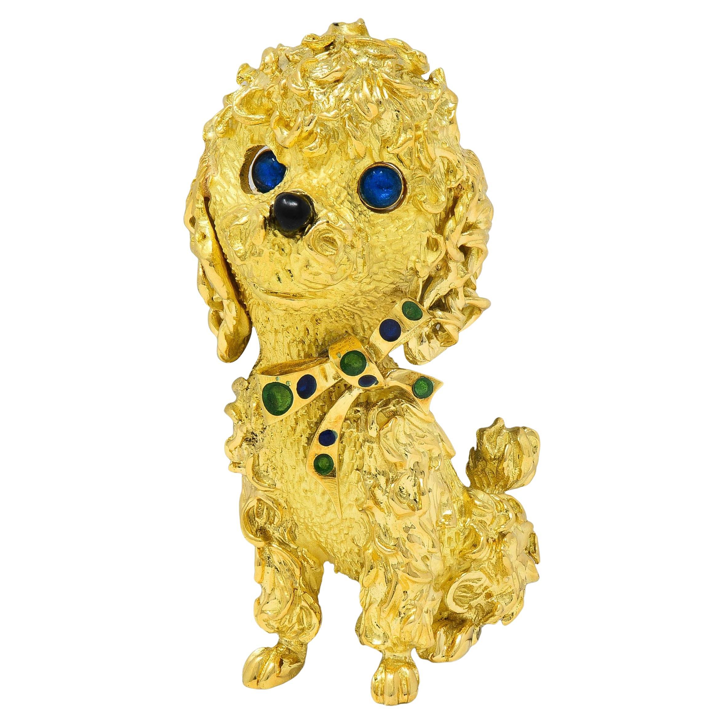 French 1960's Enamel 18 Karat Yellow Gold Vintage Poodle Dog Brooch