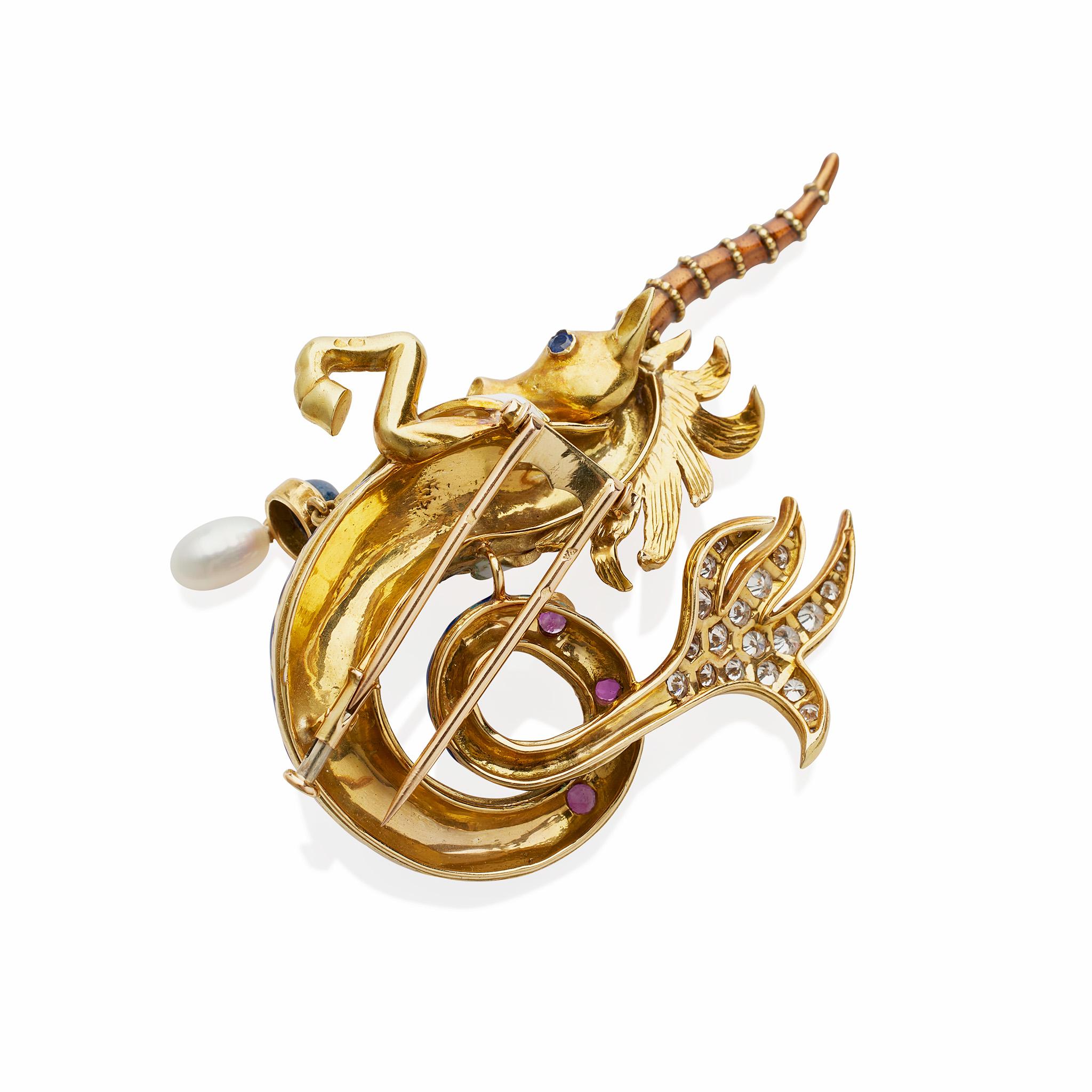   French 1960s Enamel and Gem-set Sea Unicorn Brooch, Jean Thierry Bondt In Excellent Condition For Sale In New York, NY