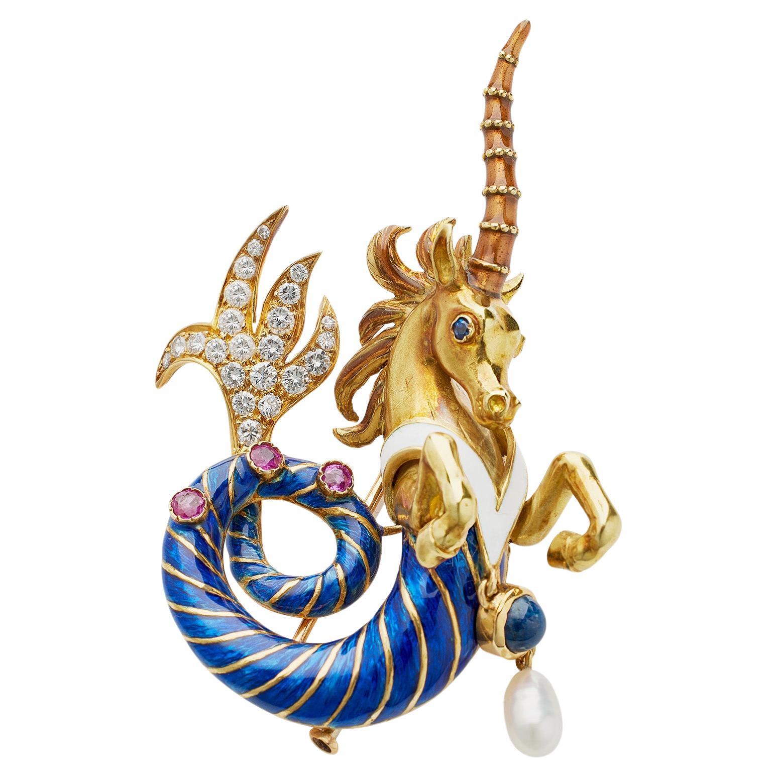   French 1960s Enamel and Gem-set Sea Unicorn Brooch, Jean Thierry Bondt