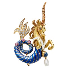 French 1960s Enamel and Gem-set Sea Unicorn Brooch, Jean Thierry Bondt