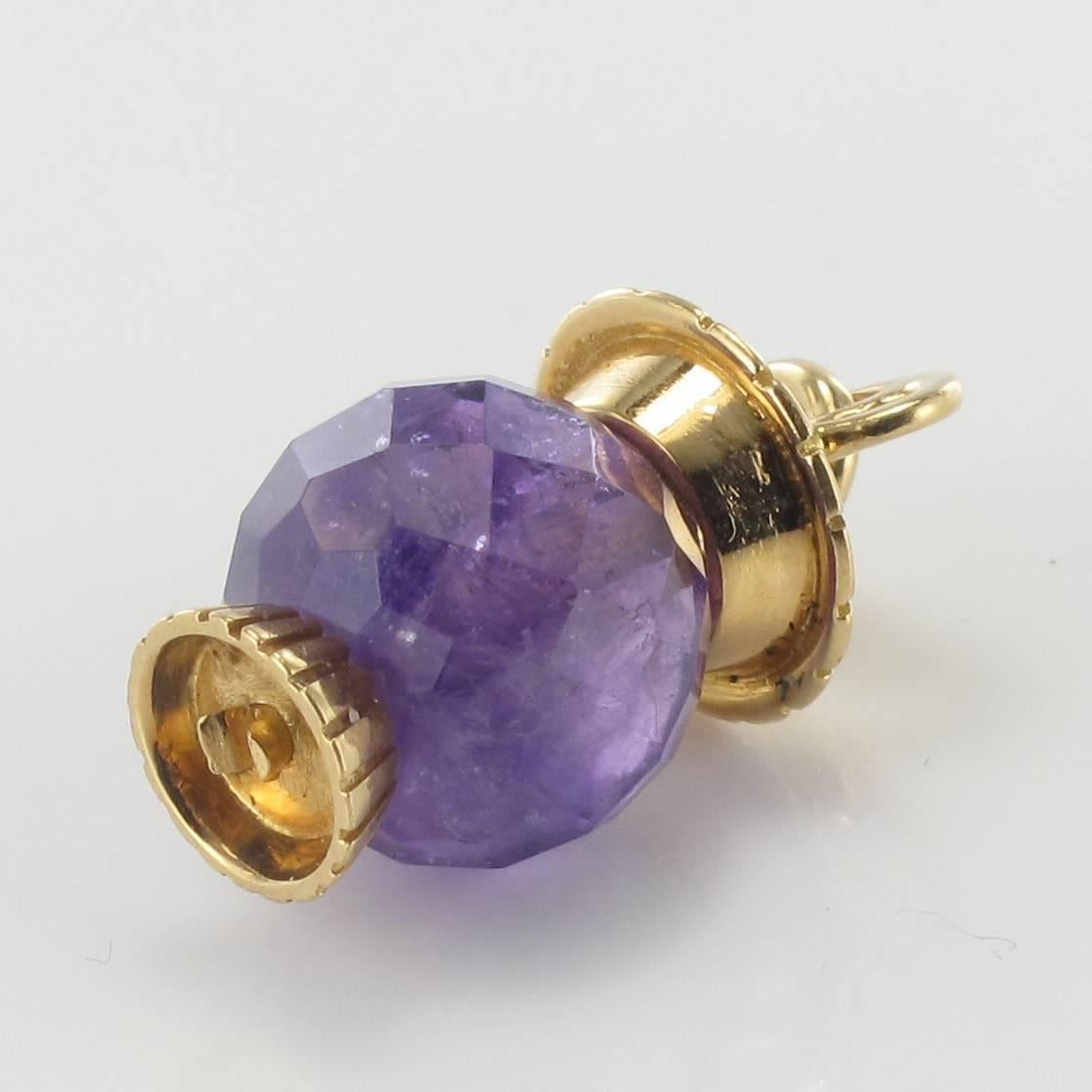 Retro French 1960s Faceted Amethyst 18 Karats Gold Lantern Pendant Charm For Sale