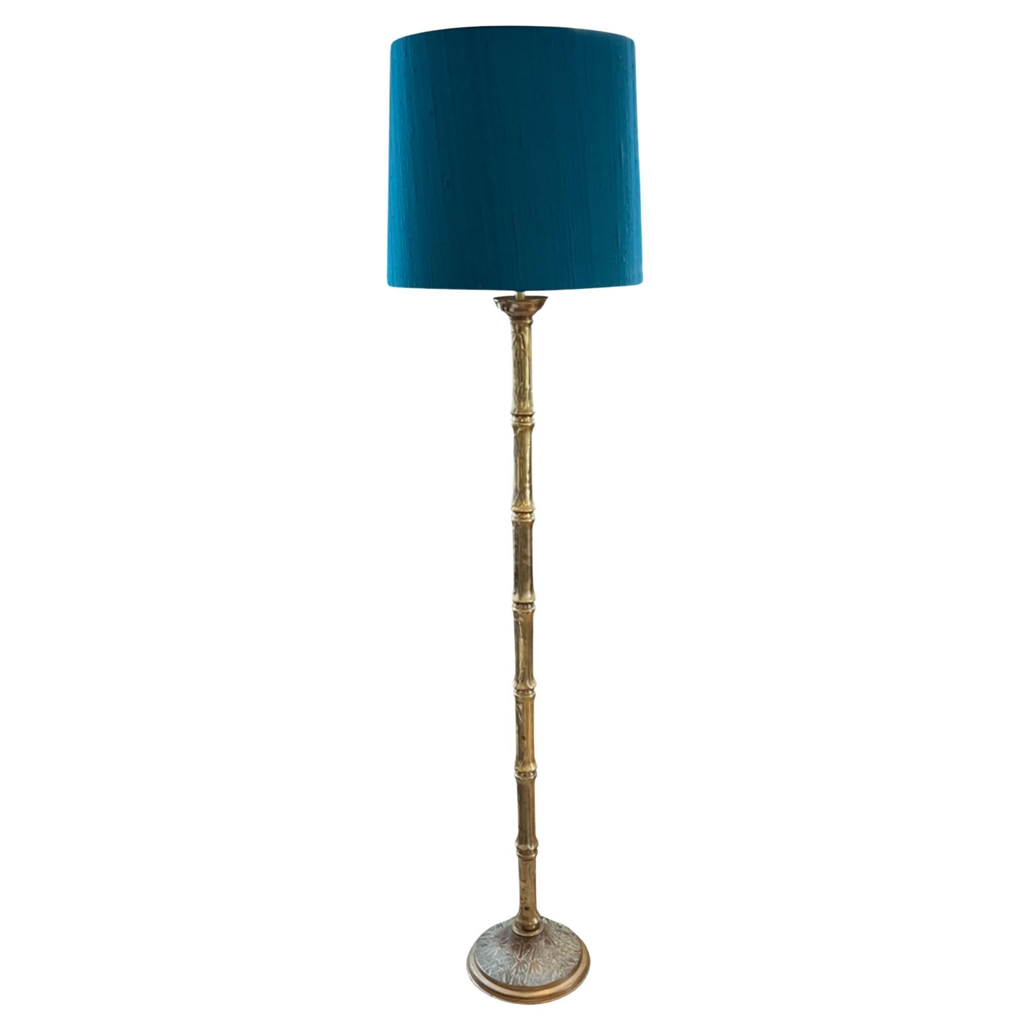 French 1960s Faux Bamboo Floor Lamp With Decorated Base