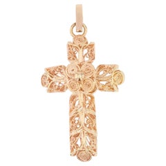 French 1960s Filigreed and Openworked 18 Karat Rose Gold Cross Pendant