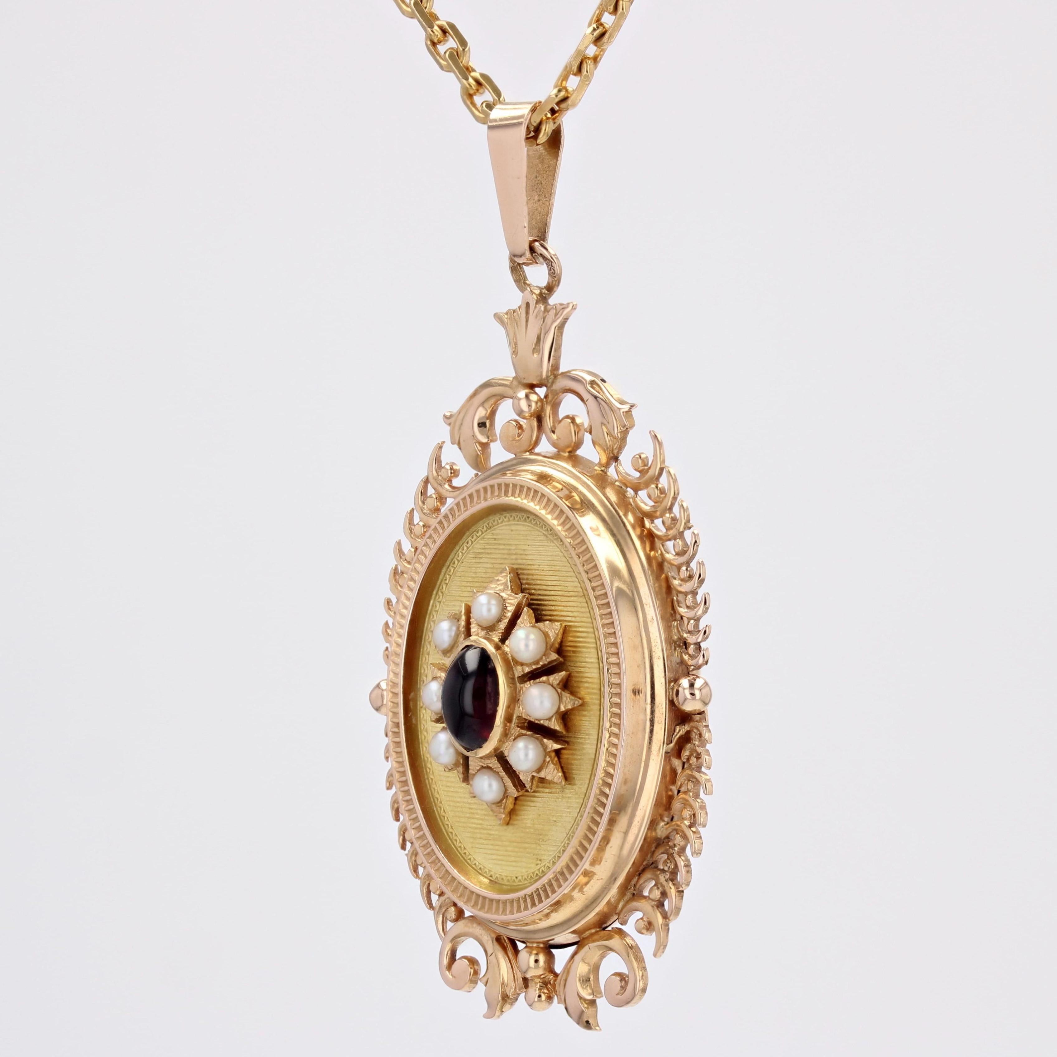 Cabochon French 1960s Garnet Cultured Pearl 18 Karat Yellow Gold Medallion