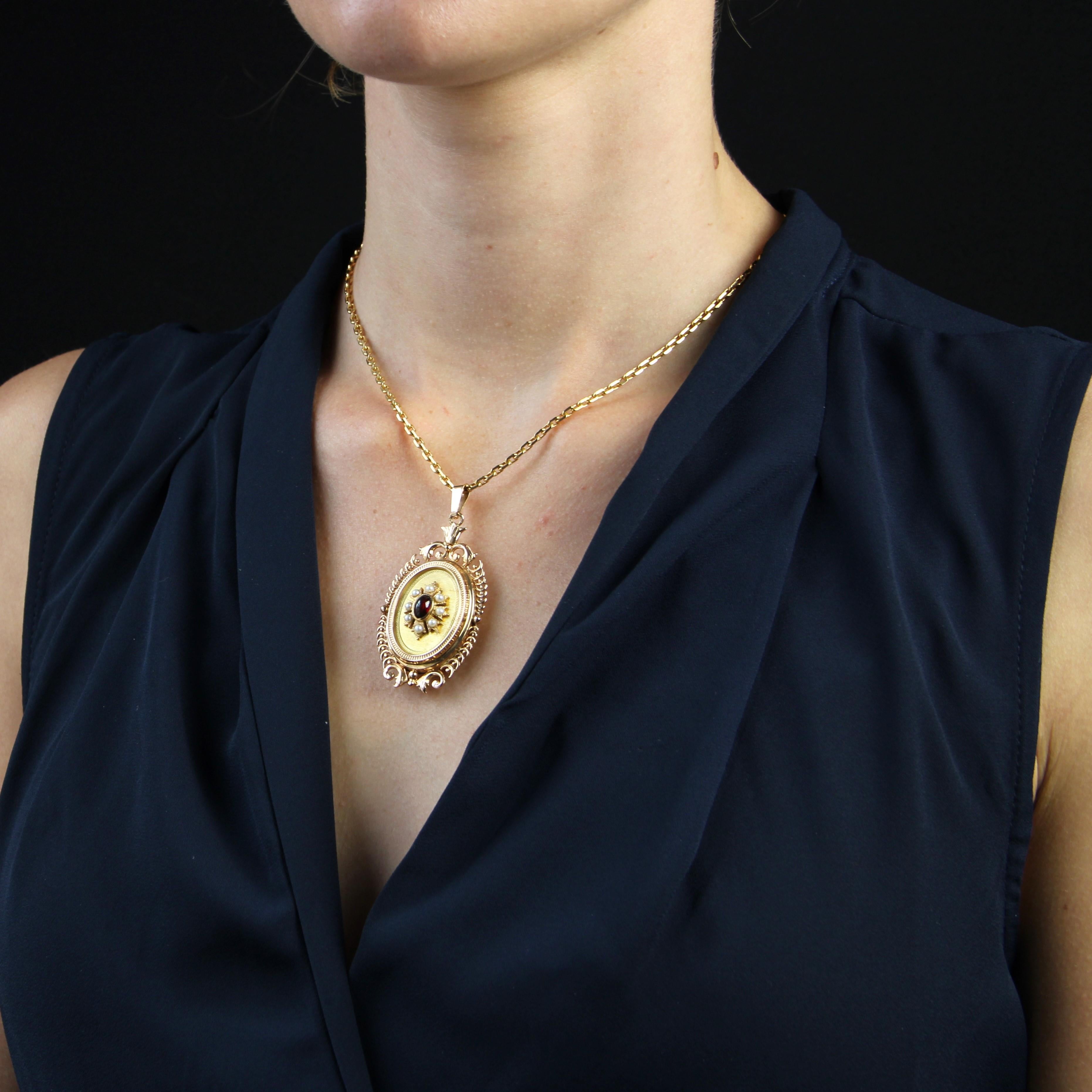 Women's French 1960s Garnet Cultured Pearl 18 Karat Yellow Gold Medallion