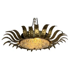 French 1960's Gilt Metal Ceiling Fixture with Molded Glass Shade