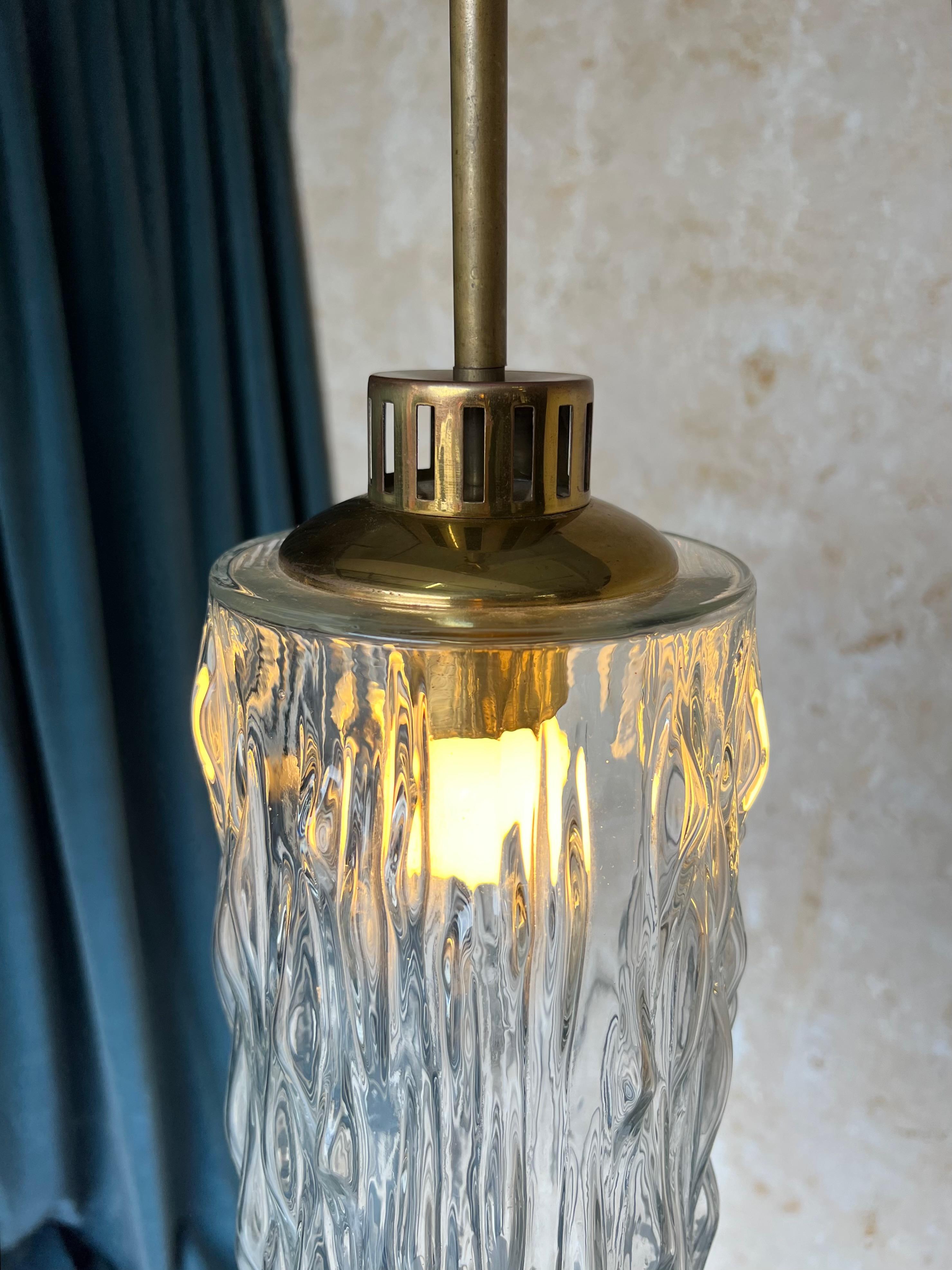 Mid-Century Modern French 1960s Glass and Brass Hanging Pendant For Sale