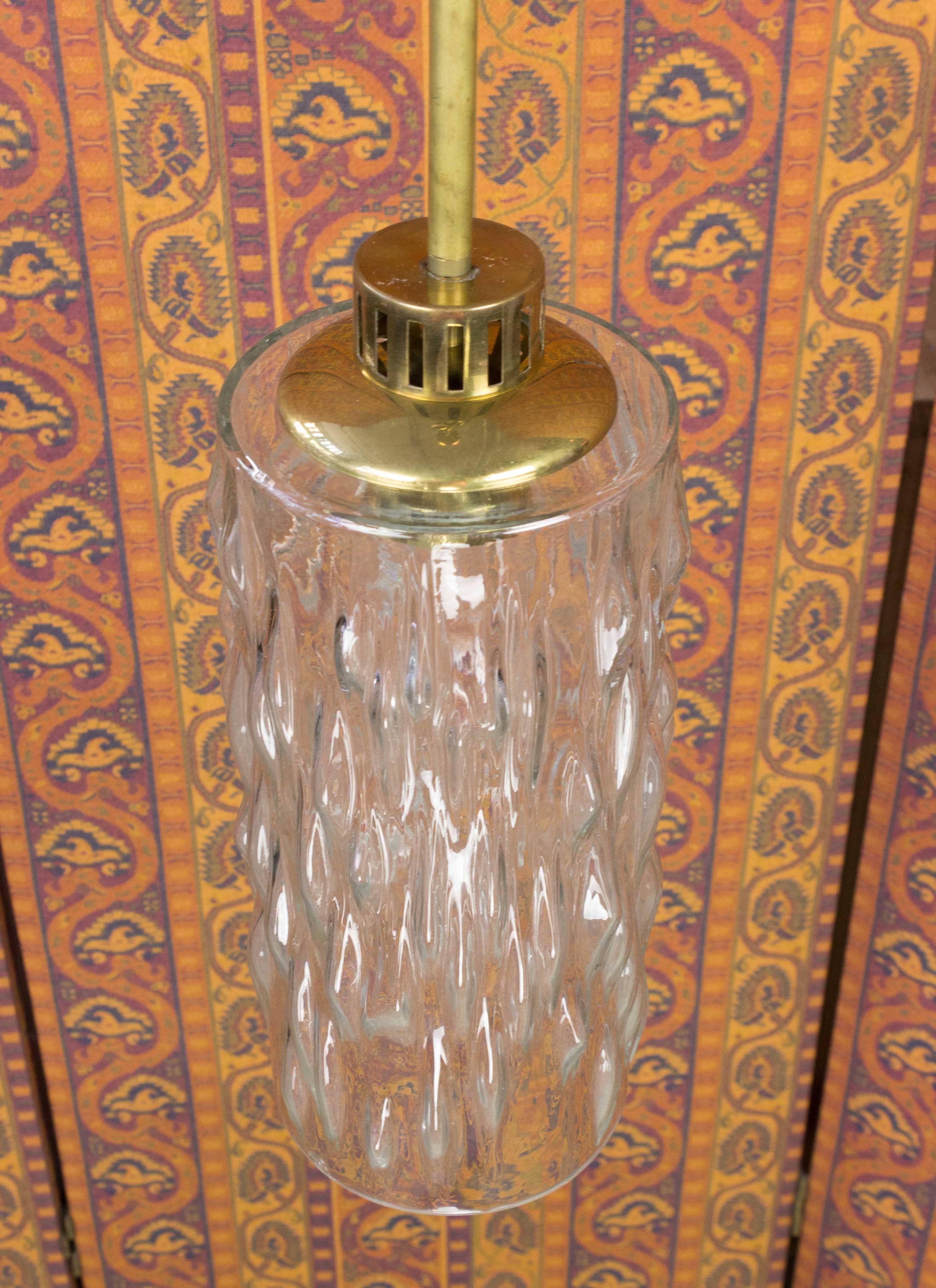 Mid-Century Modern French 1960s Glass and Brass Hanging Pendant For Sale
