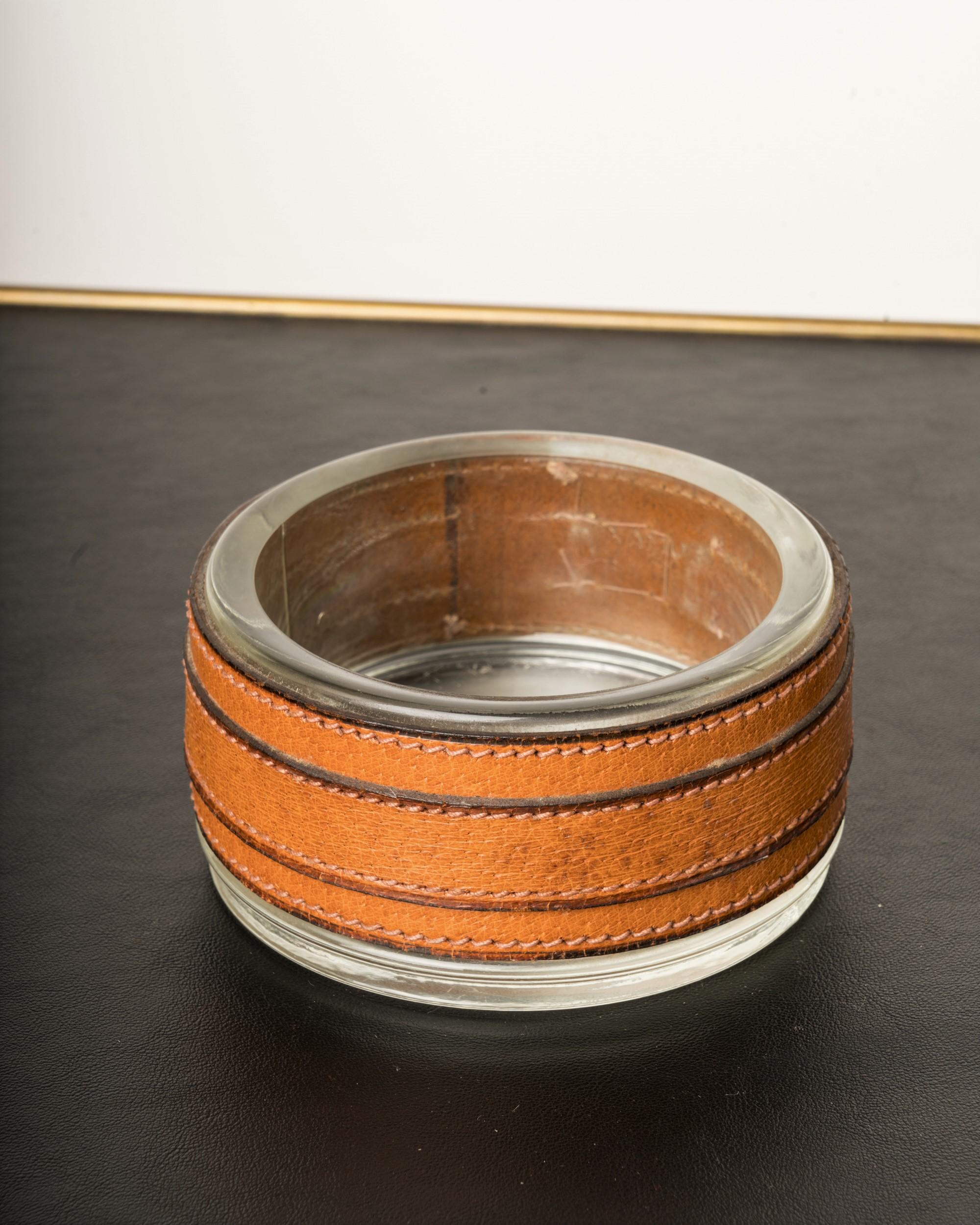 French 1960s Glass & Havana Leather Belt Vide-Poche, Att. to Jacques Adnet In Good Condition In Chicago, IL
