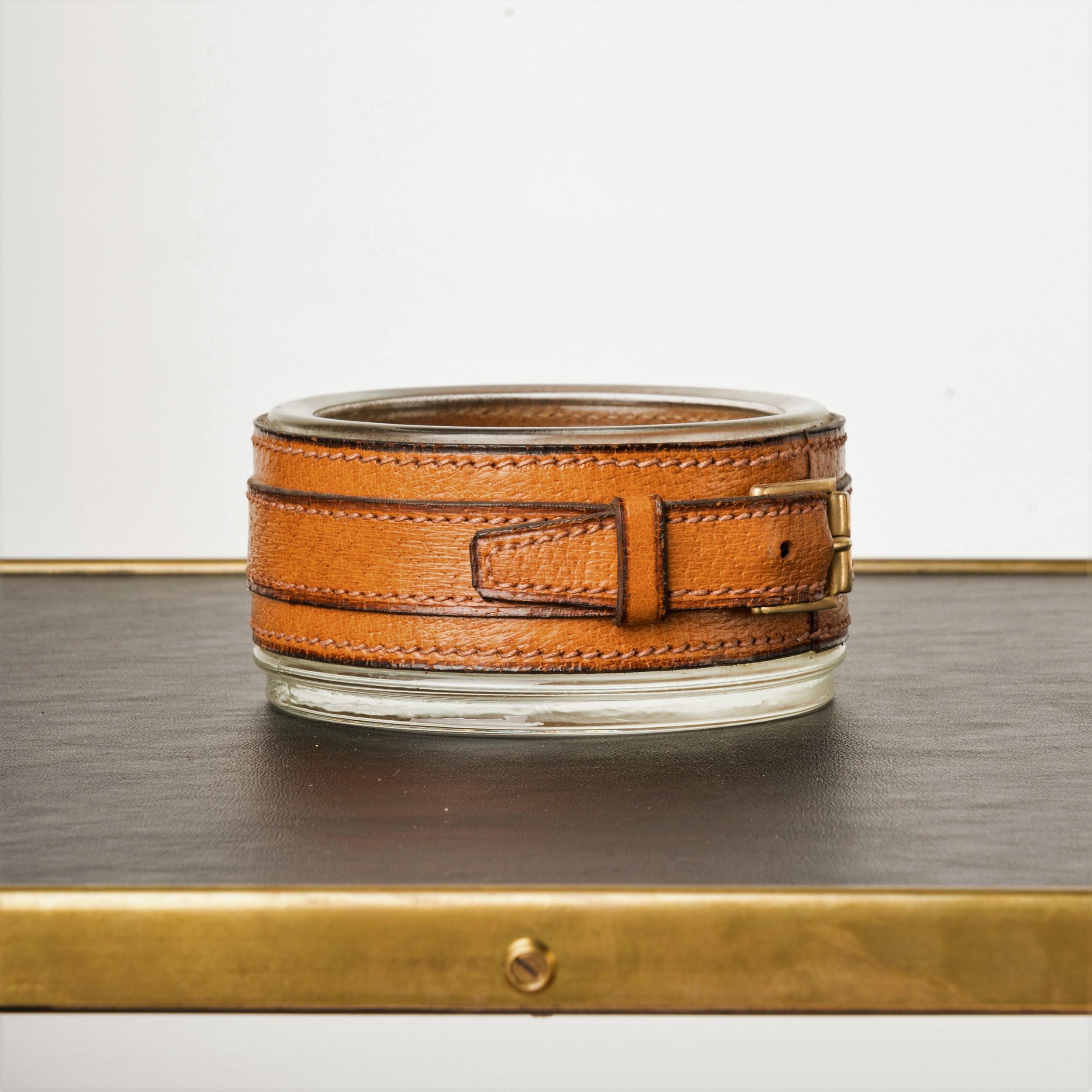 Mid-20th Century French 1960s Glass & Havana Leather Belt Vide-Poche, Att. to Jacques Adnet