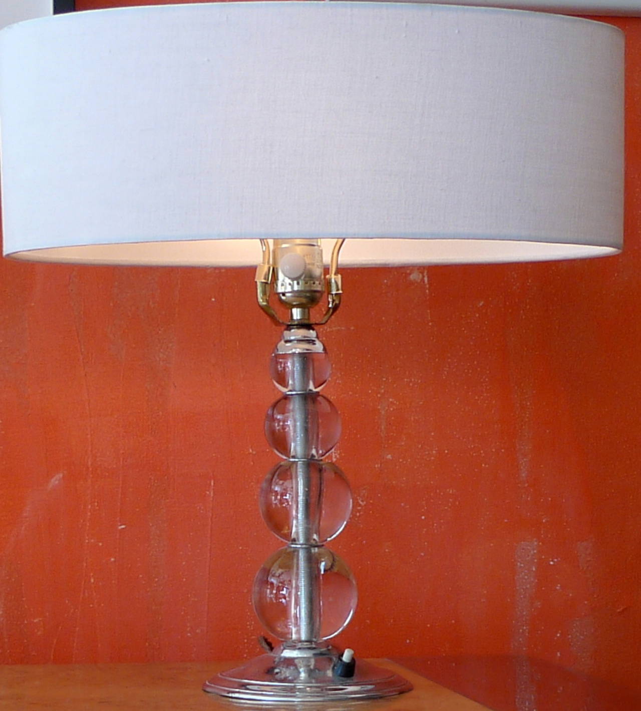 French 1960s glass table lamp with drum shaped linen shade.