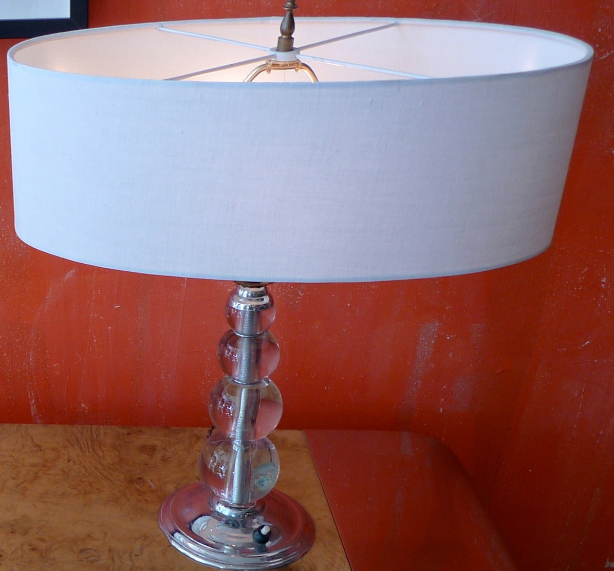 French 1960s Glass Table Lamp with Drum Shaped Linen Shade In Good Condition In Santa Monica, CA