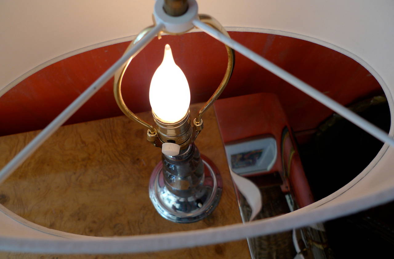 20th Century French 1960s Glass Table Lamp with Drum Shaped Linen Shade