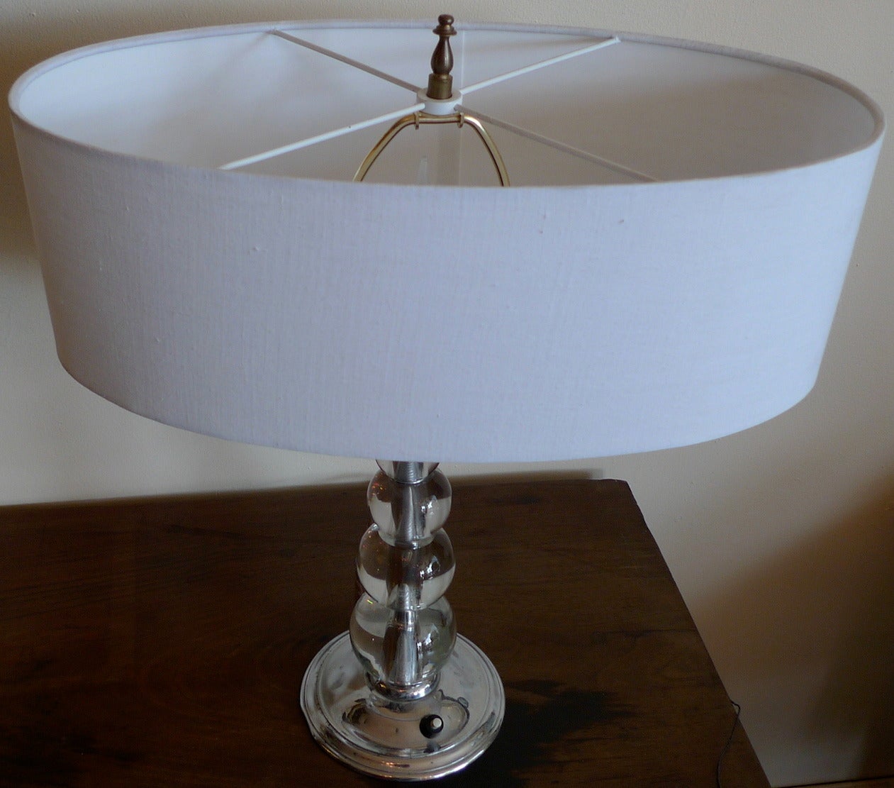 French 1960s Glass Table Lamp with Drum Shaped Linen Shade 2