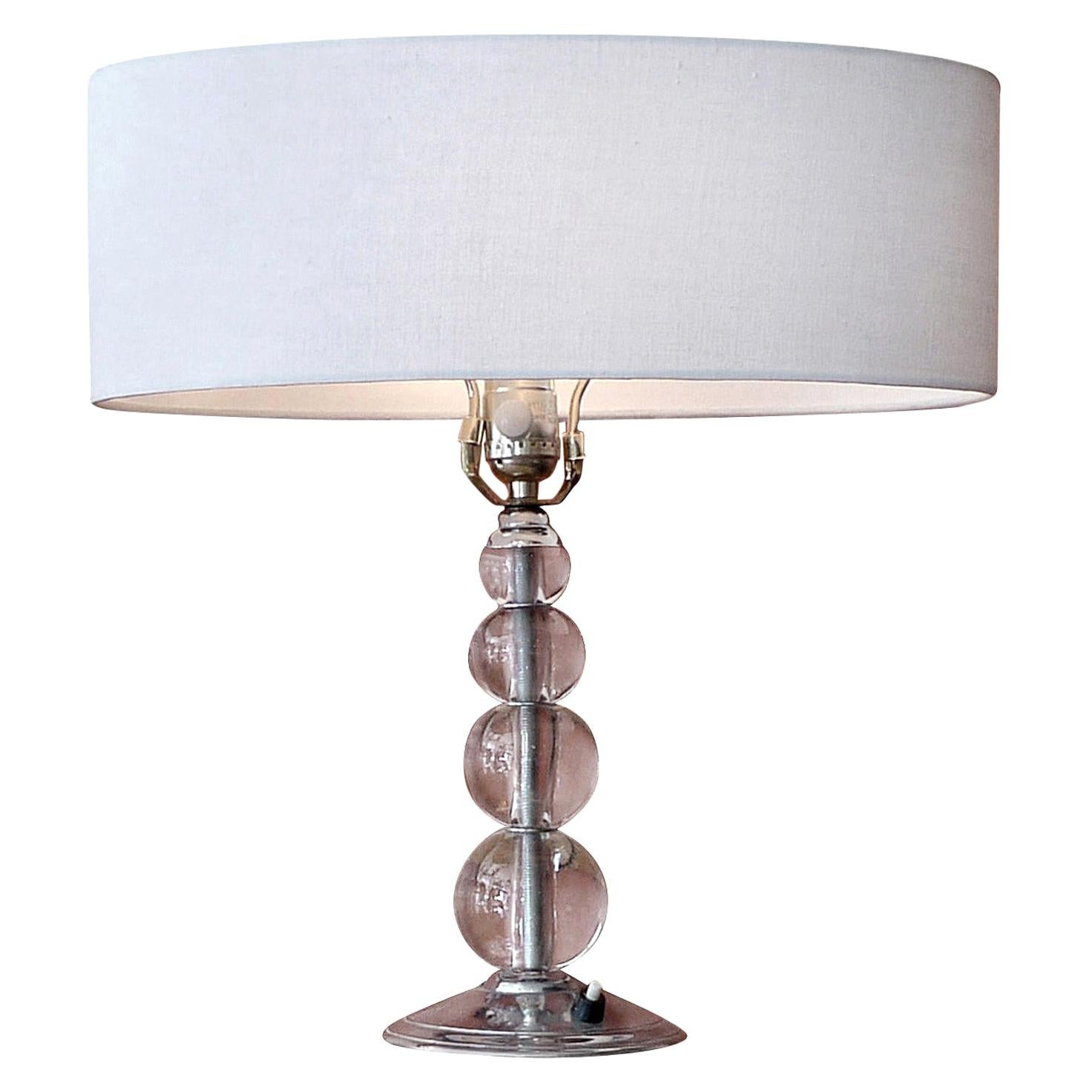French 1960s Glass Table Lamp with Drum Shaped Linen Shade
