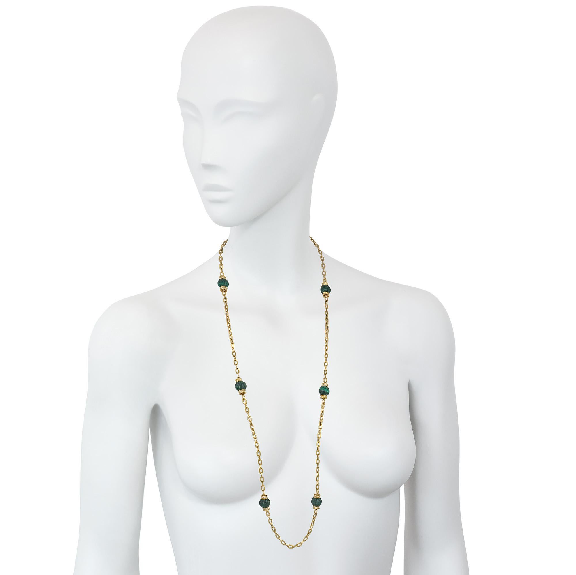 Women's or Men's French 1960s Gold, Carved Malachite Bead, and Diamond Chain Necklace For Sale