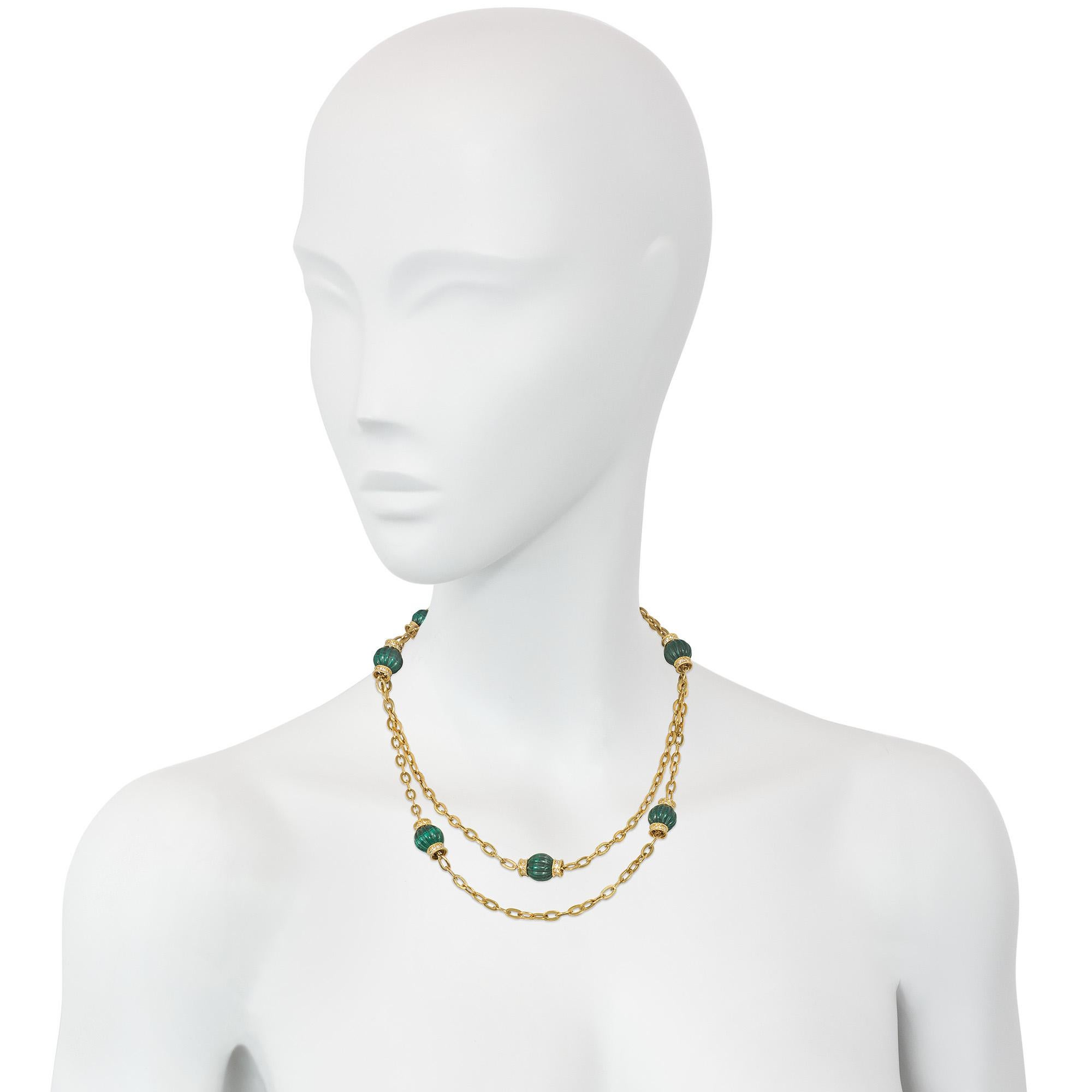 French 1960s Gold, Carved Malachite Bead, and Diamond Chain Necklace For Sale 1