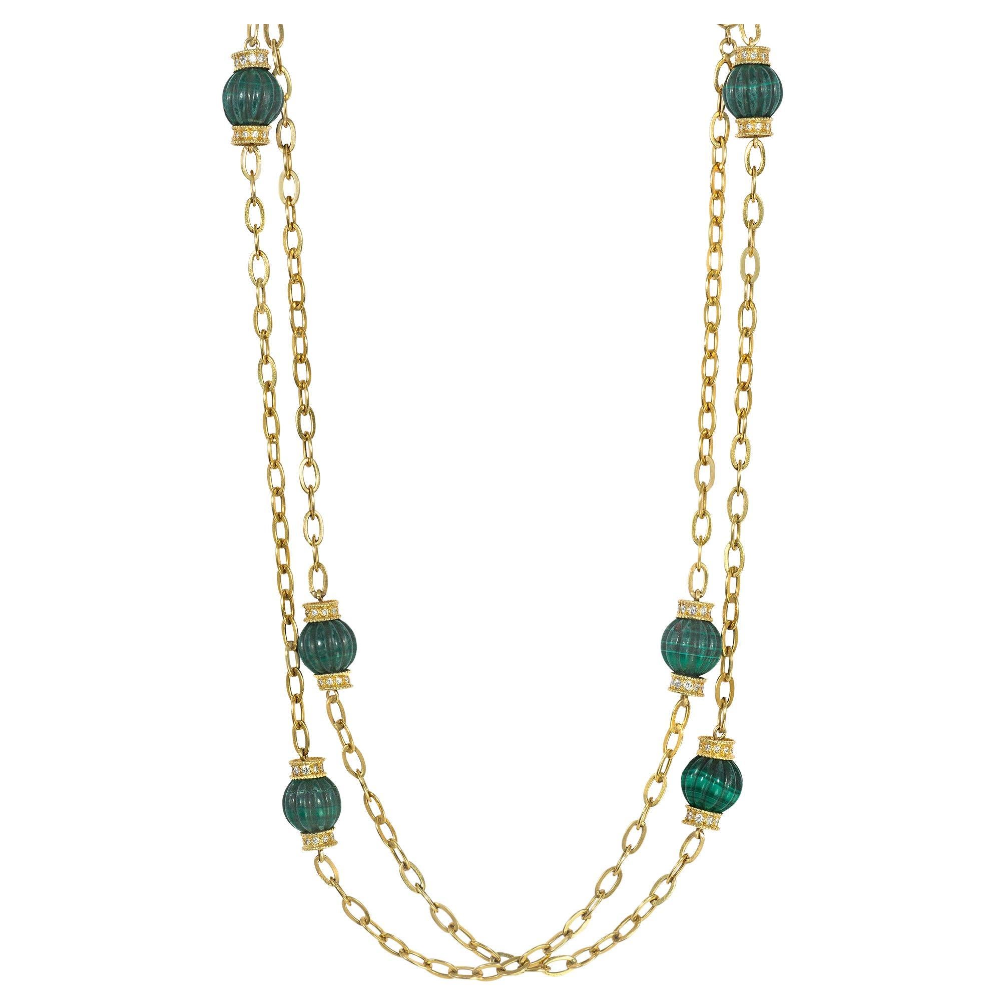 French 1960s Gold, Carved Malachite Bead, and Diamond Chain Necklace For Sale