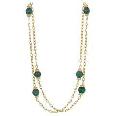 French 1960s Gold, Carved Malachite Bead, and Diamond Chain Necklace