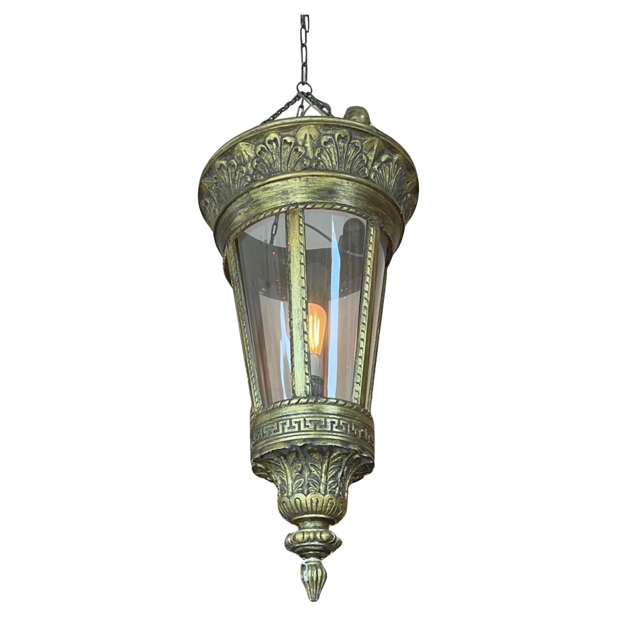 French 1960s Gold Painted Wood and Glass Suspension Light with One Centre Light For Sale