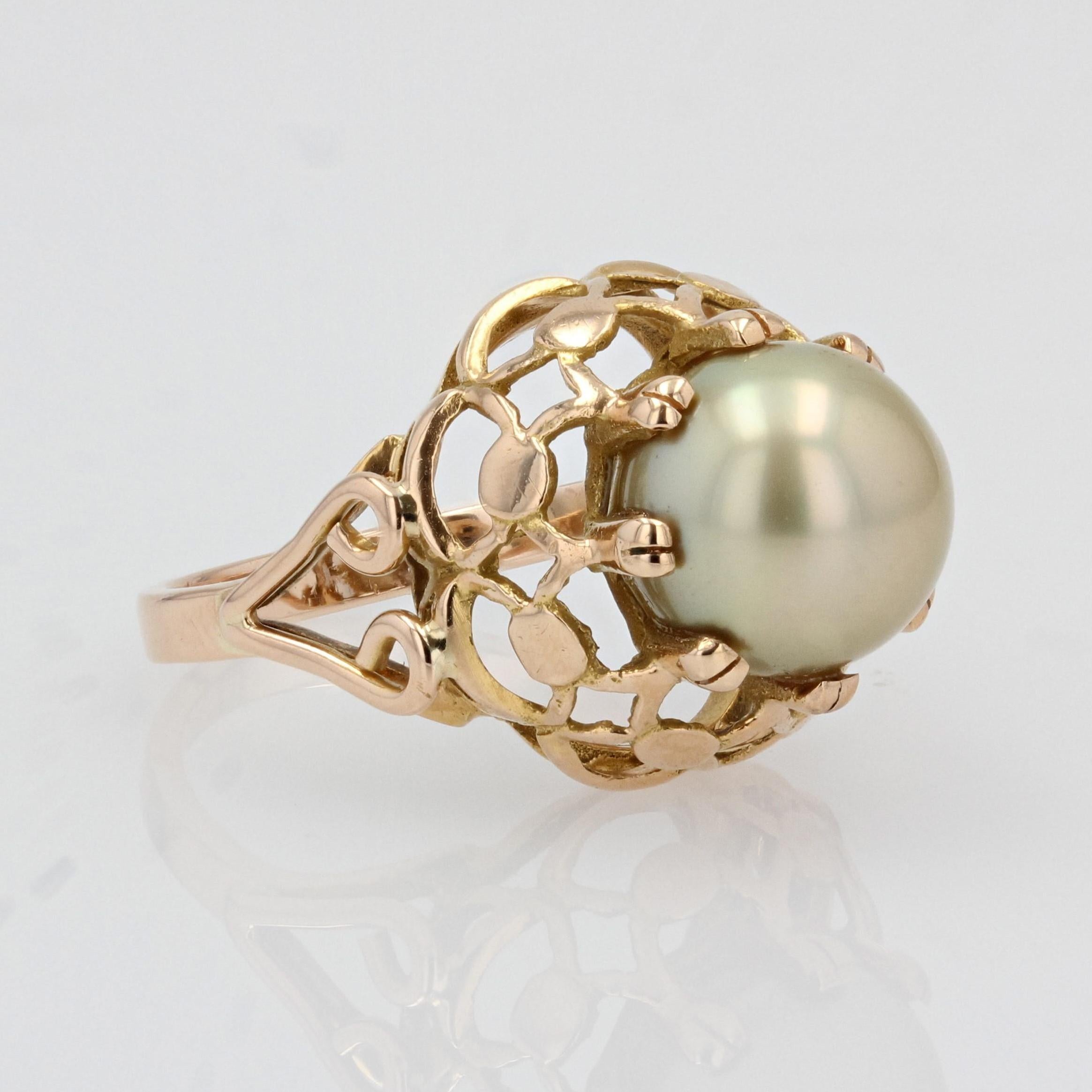 French, 1960s, Gold Pearl 18 Karat Yellow Gold Retro Dome Ring 4
