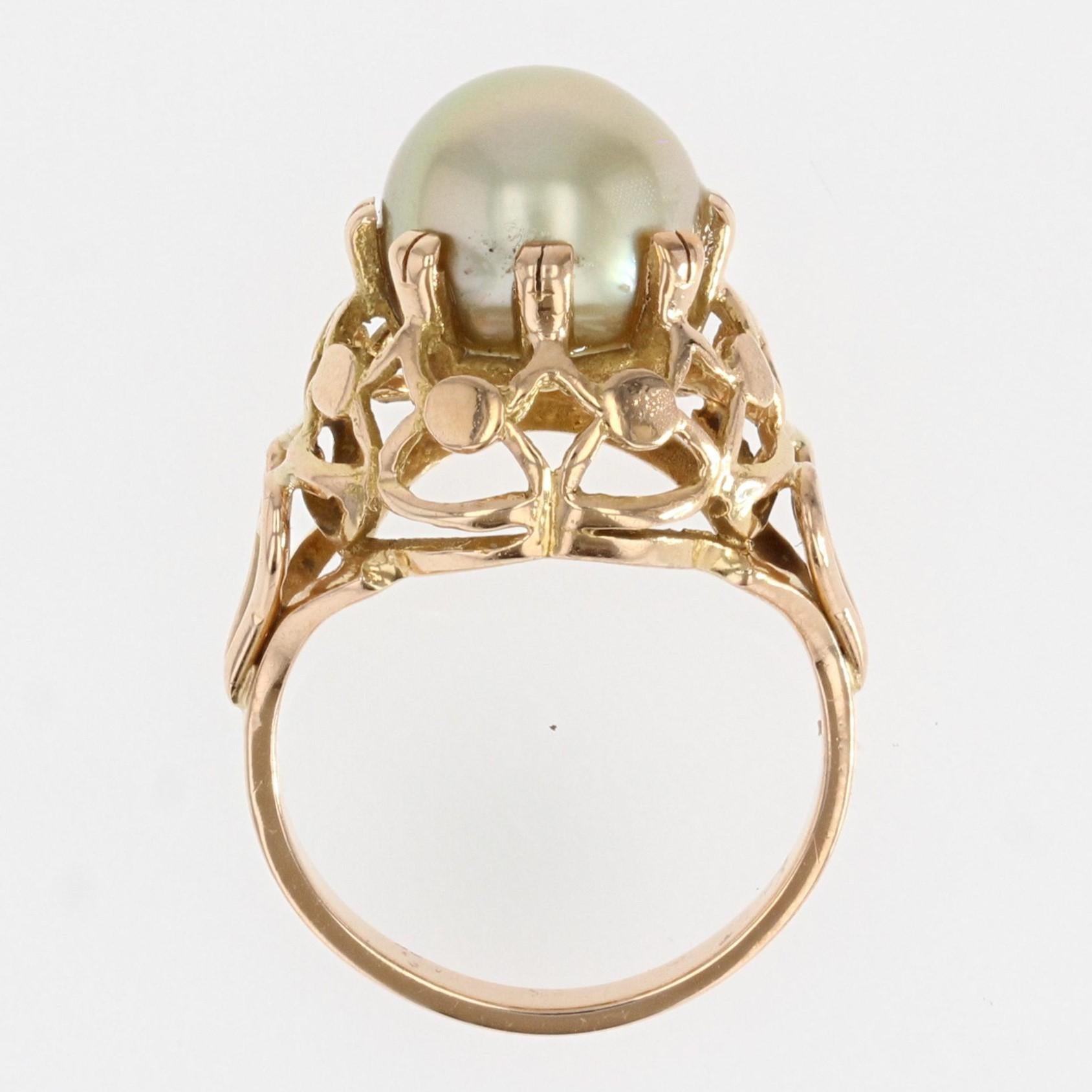 French, 1960s, Gold Pearl 18 Karat Yellow Gold Retro Dome Ring 12