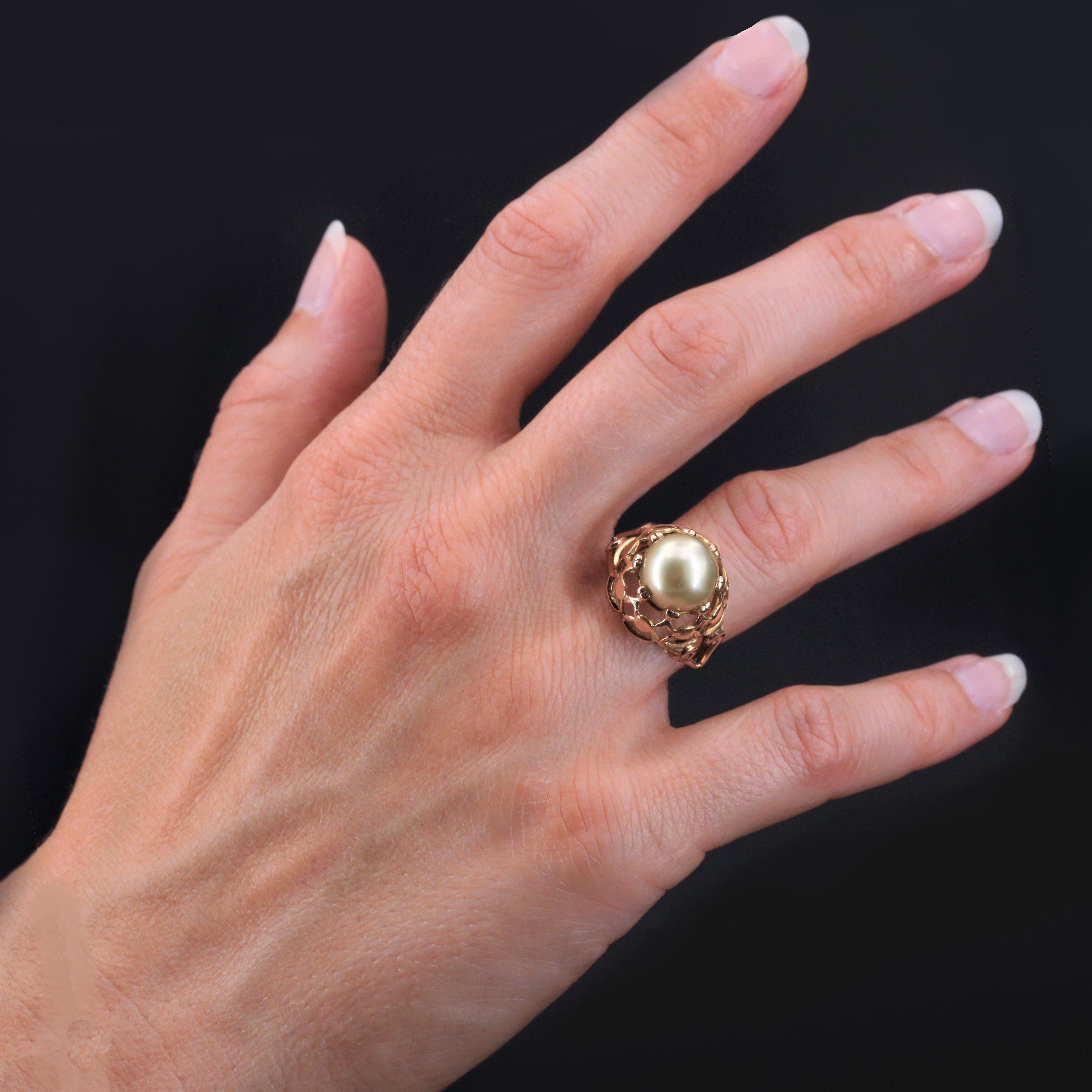 Women's French, 1960s, Gold Pearl 18 Karat Yellow Gold Retro Dome Ring