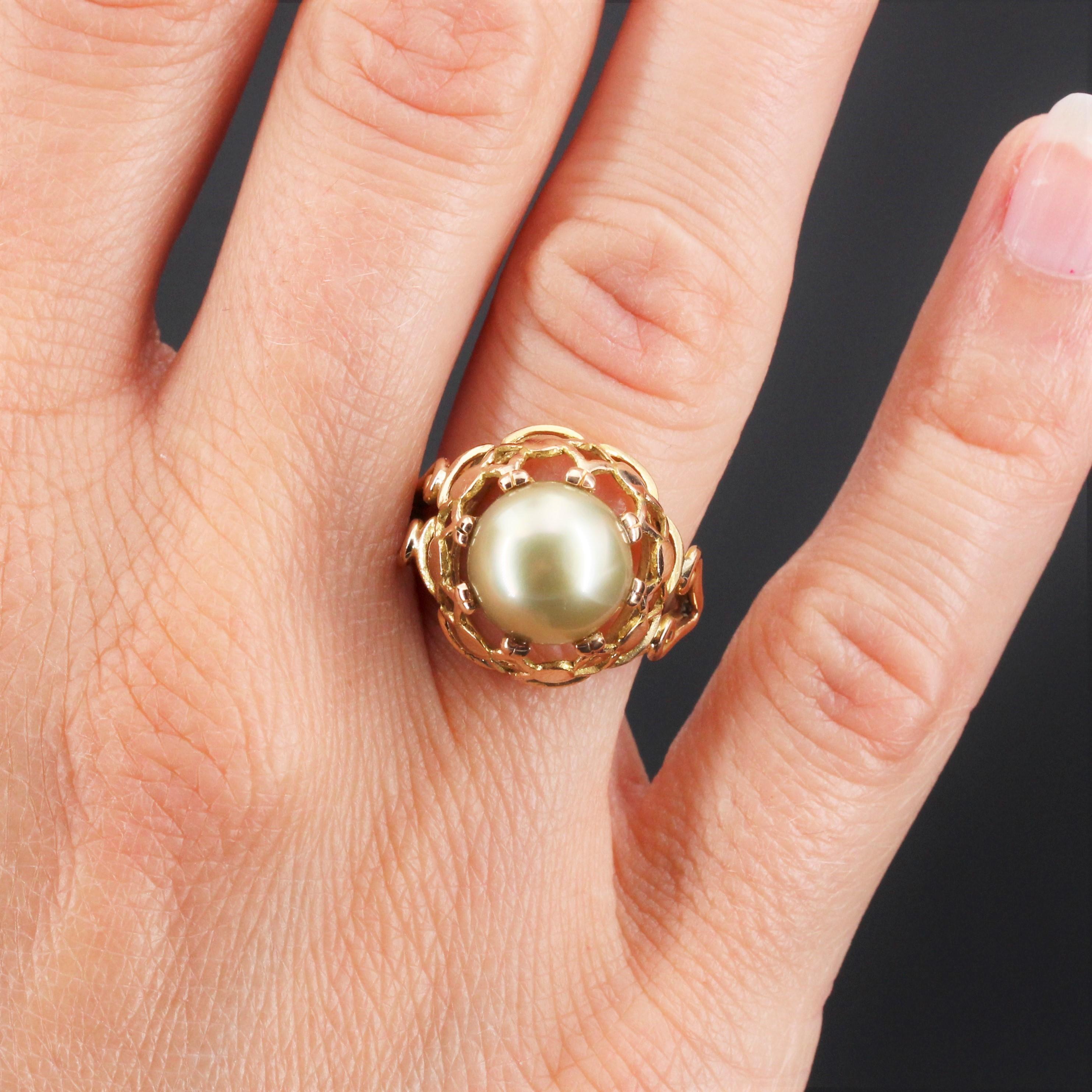 French, 1960s, Gold Pearl 18 Karat Yellow Gold Retro Dome Ring 1