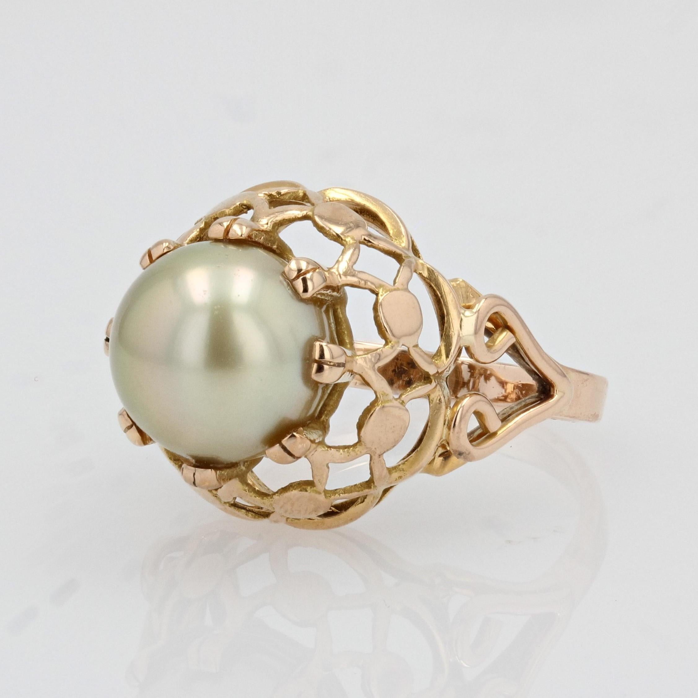 French, 1960s, Gold Pearl 18 Karat Yellow Gold Retro Dome Ring 2
