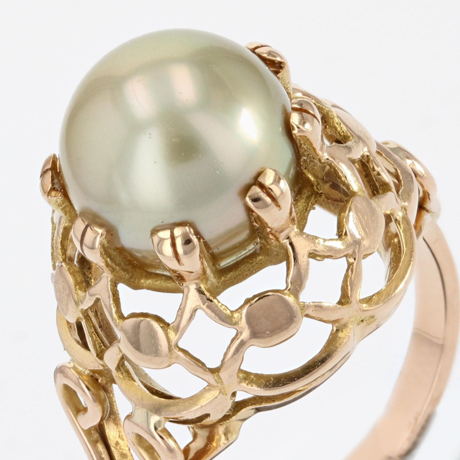 French, 1960s, Gold Pearl 18 Karat Yellow Gold Retro Dome Ring 3