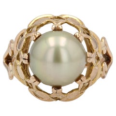French, 1960s, Gold Pearl 18 Karat Yellow Gold Retro Dome Ring