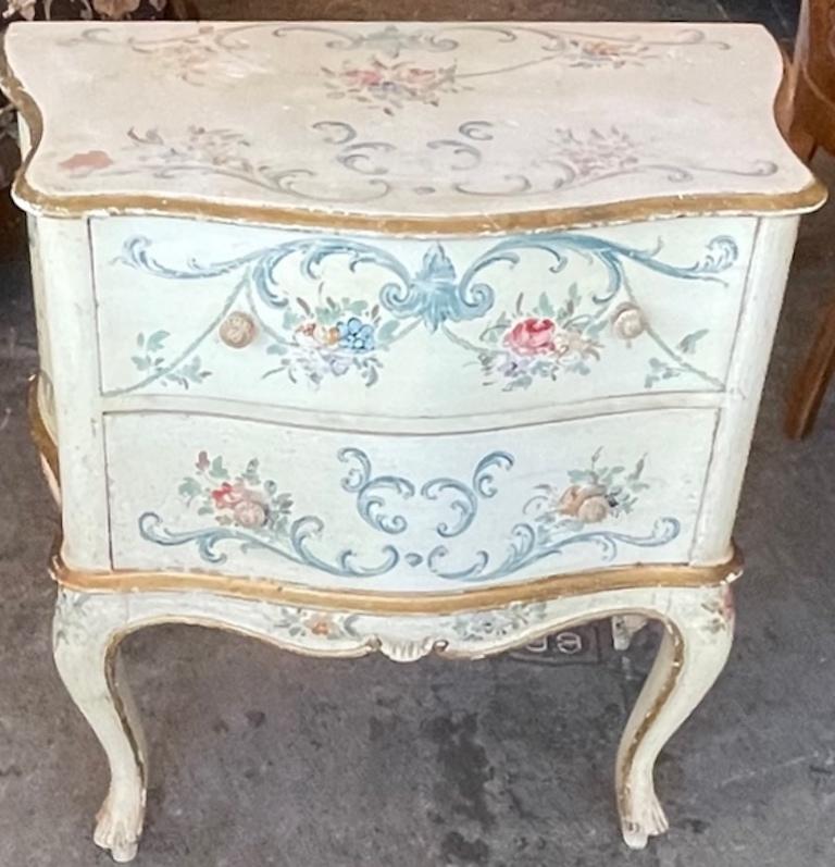 French 1960s Hand Painted 2 Drawer Bow Fronted Chest on Carved Cabroile Legs For Sale 7
