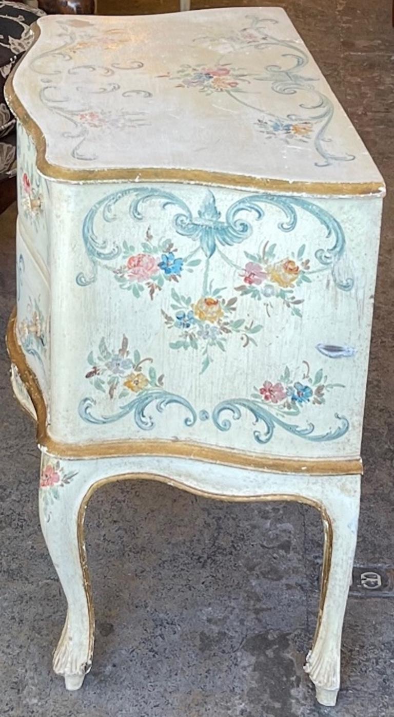 French 1960s Hand Painted 2 Drawer Bow Fronted Chest on Carved Cabroile Legs For Sale 11