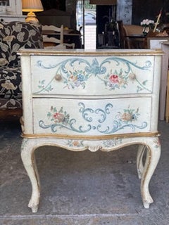 French 1960s Hand Painted 2 Drawer Bow Fronted Chest on Carved Cabroile Legs