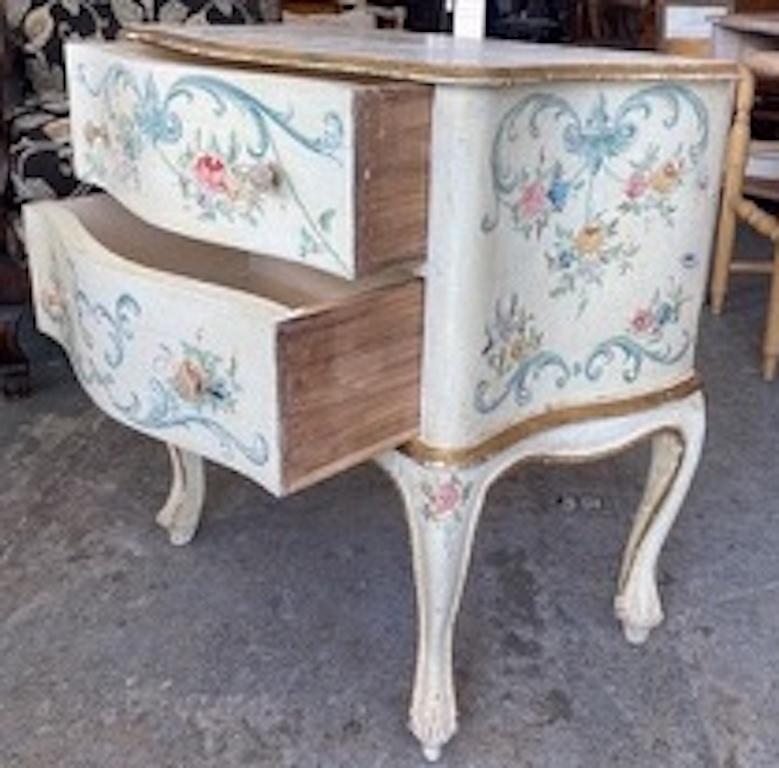 Hand-Carved French 1960s Hand Painted 2 Drawer Bow Fronted Chest on Carved Cabroile Legs For Sale