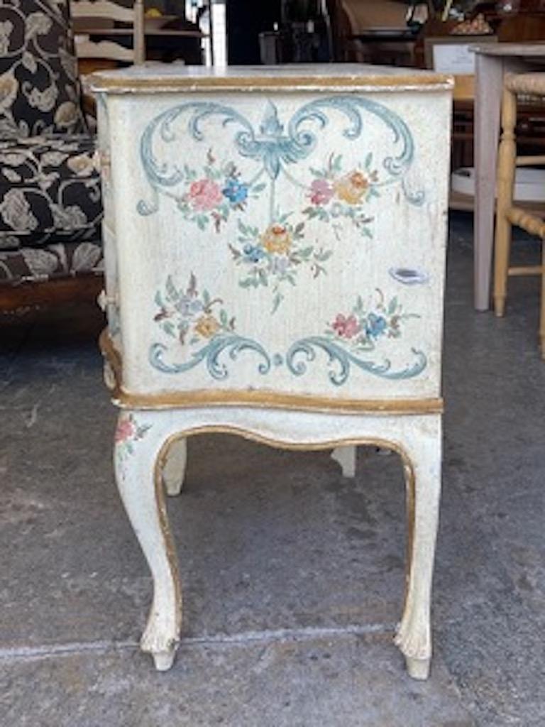 French 1960s Hand Painted 2 Drawer Bow Fronted Chest on Carved Cabroile Legs In Distressed Condition For Sale In Santa Monica, CA