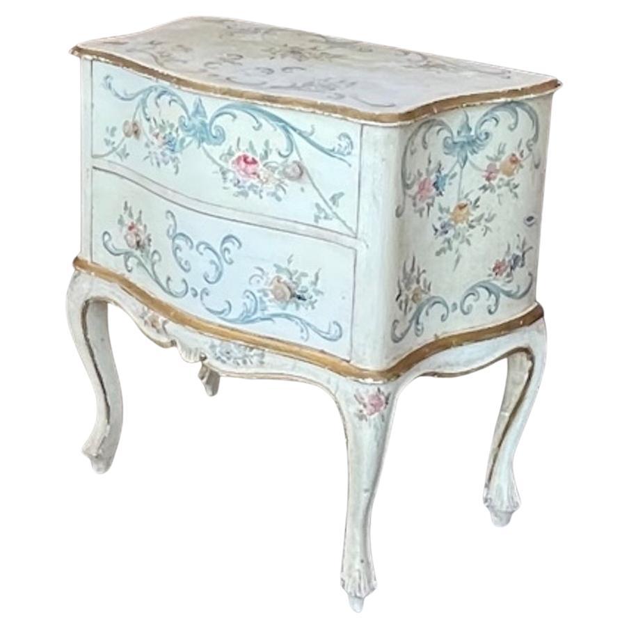 French 1960s Hand Painted 2 Drawer Bow Fronted Chest on Carved Cabroile Legs For Sale