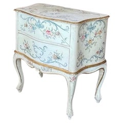 Antique French 1960s Hand Painted 2 Drawer Bow Fronted Chest on Carved Cabroile Legs