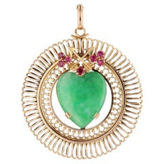 Pendentif en or rose 18 carats en jade français des années 1960 avec rubis