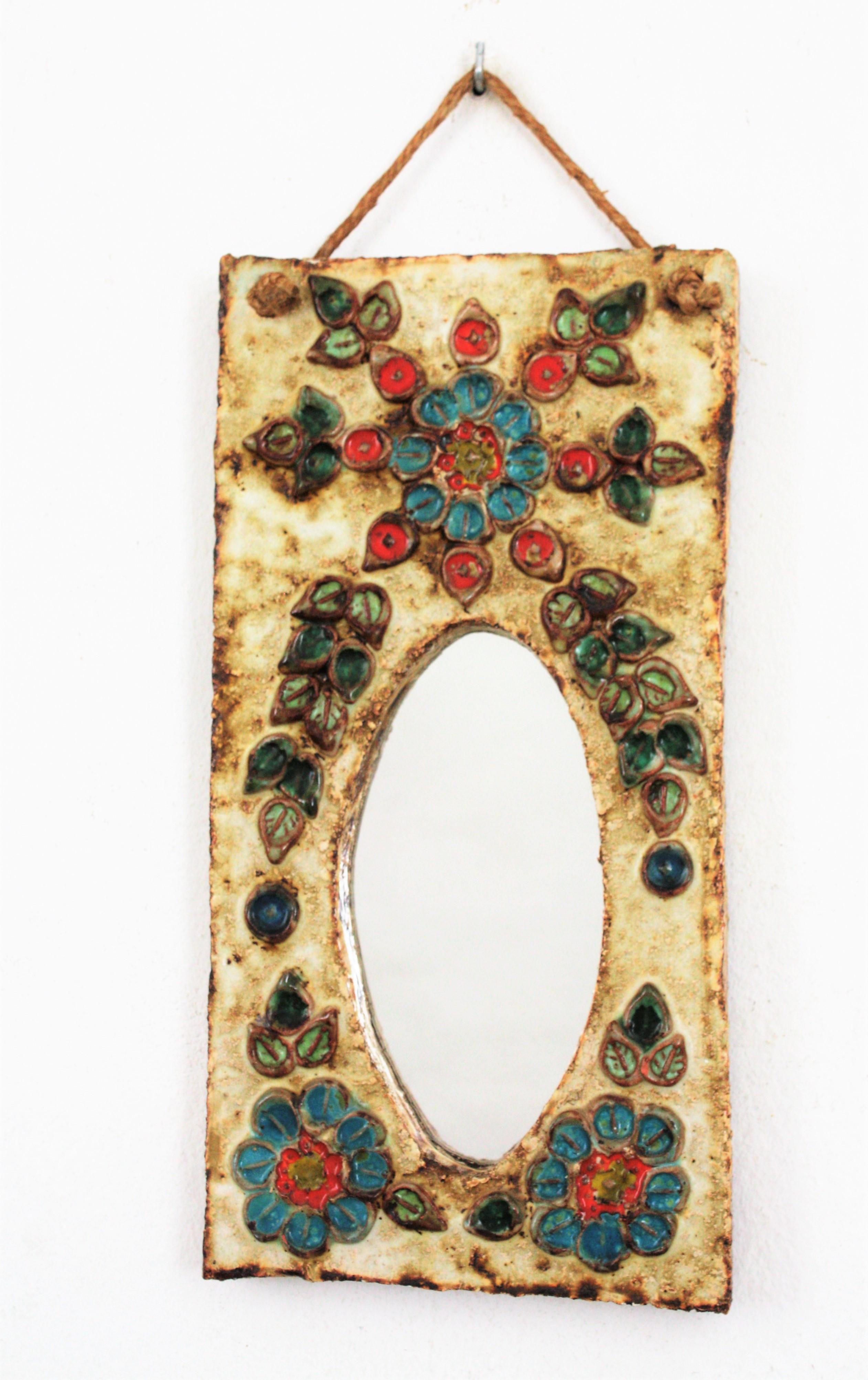 Mid-Century Modern French 1960s La Roue Vallauris Ceramic Hanging Mirror with Floral Details